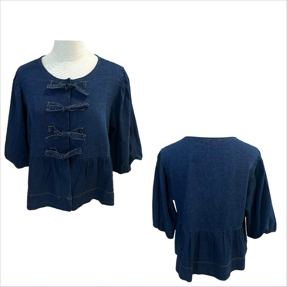 Velvet Heart Navy‎ Bow-Front Cotton Blouse Top Sz L Cottage Romantic Luxe